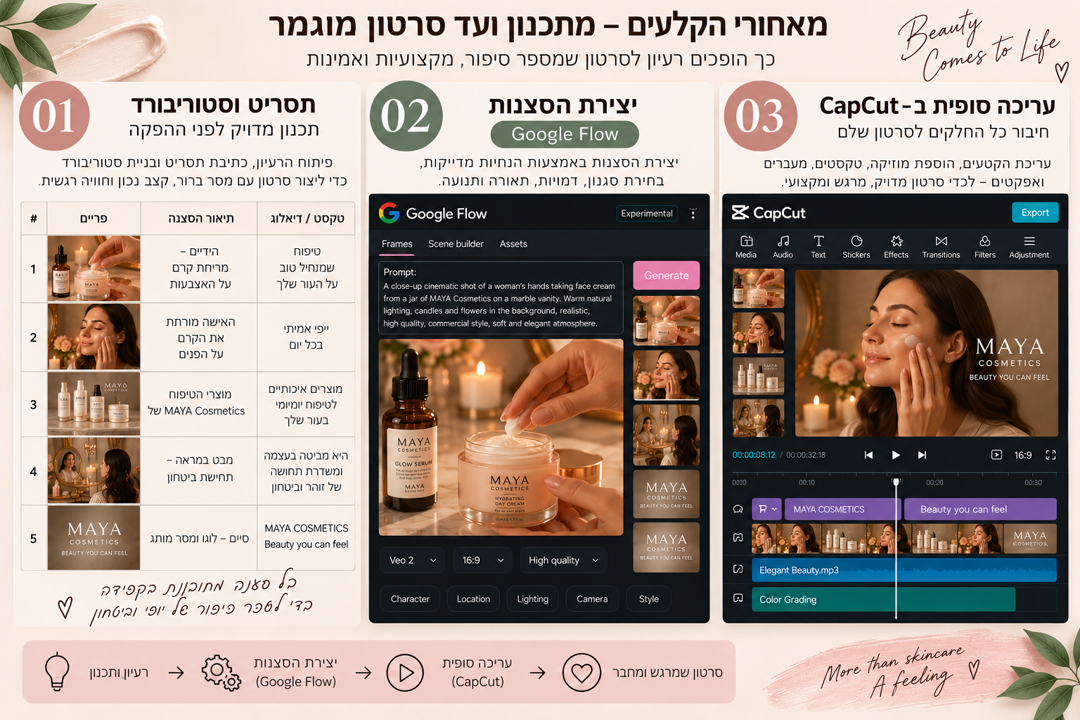 תהליך העבודה המלא ליצירת סרטון מותג קוסמטיקה